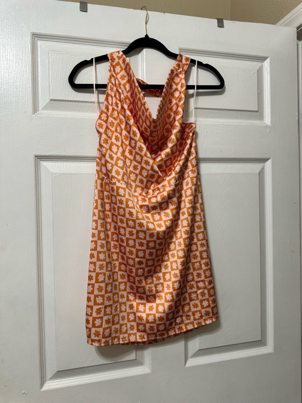 Women's Orange Floral Check Cowl Neck Dress